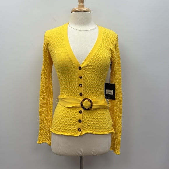 NWT Nicholas Adele Textured Knit V-Neck Cardigan Sweater Preppy Yellow XS - Picture 2 of 9